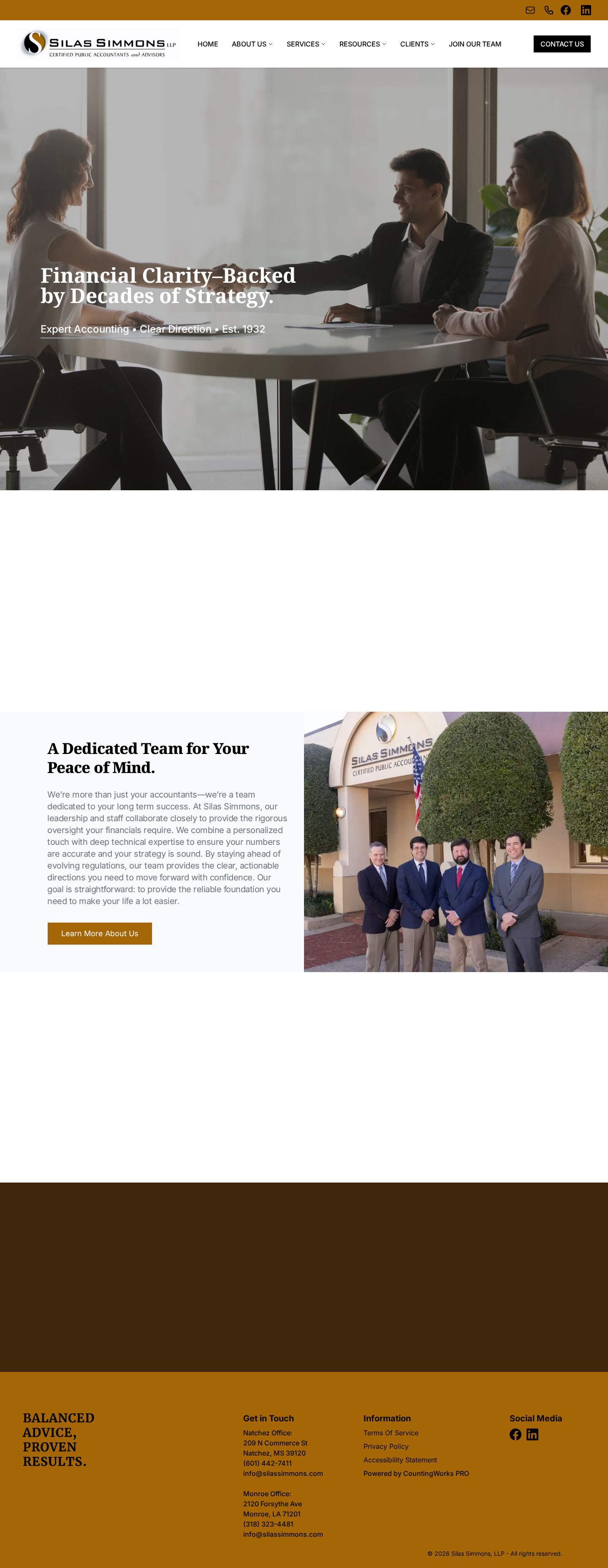 The complete current Silas Simmons homepage, from the Financial Clarity hero through the team section and regional footer